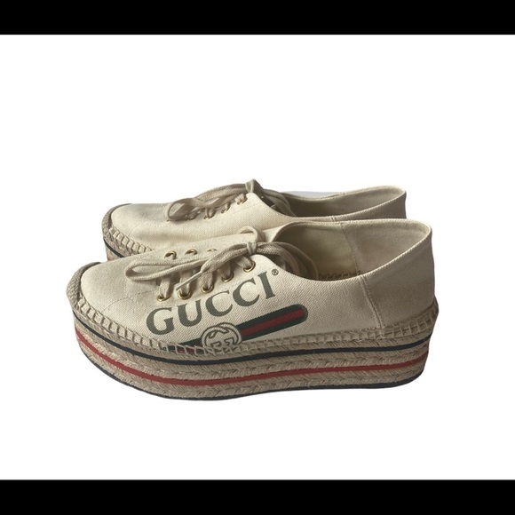 Gucci Cream Logo Print Platform Espadrilles Flats - Picture 1 of 7